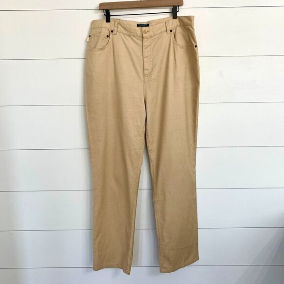 Ralph Lauren Linen Blend Modern Fit Straight Leg Trousers Pants in Tan, Size 14 - Picture 1 of 6